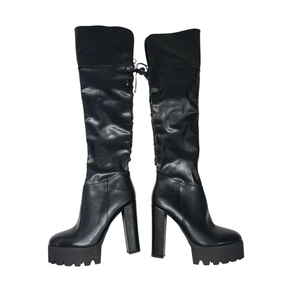 Chunky Platform Lace Tie Over Knee Boots Black Lug Sole New